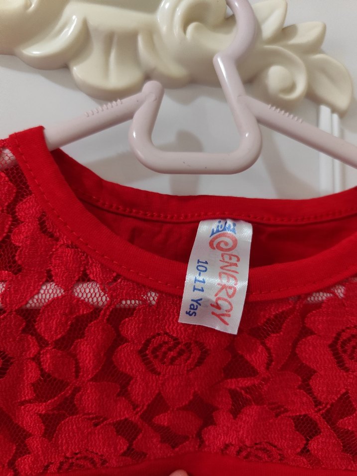Dantel Detaylı Kırmızı Uzun çocuk Elbise - Görsel 3