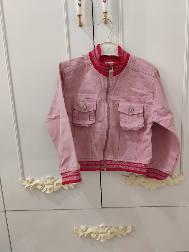 Düğmeli Pembe Kız kot Ceketi - Görsel 2