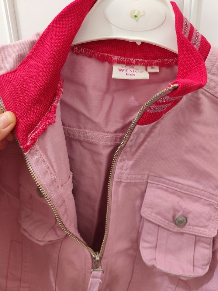 Düğmeli Pembe Kız kot Ceketi - Görsel 3