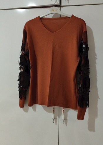 Kahverengi V Yaka Örgü Kadın Bluz - Görsel 4
