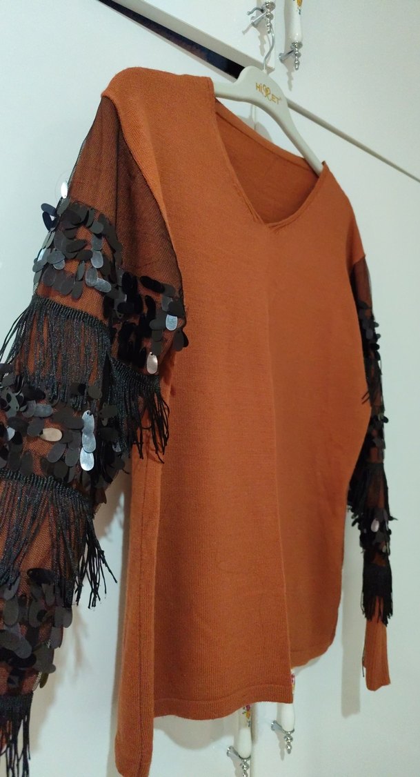 Kahverengi V Yaka Örgü Kadın Bluz - Görsel 3