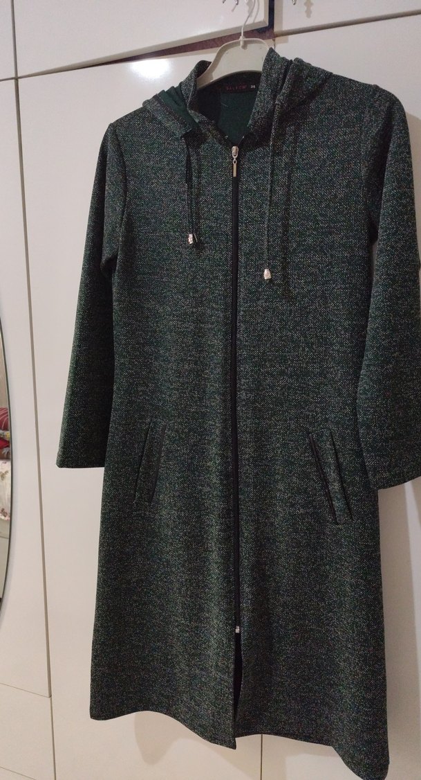 Gri-Yeşil Uzun Örgü Kadın Kaban - Görsel 5