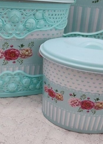 Pastel Mavi Vintage Çiçek Desenli Mutfak Seti - Görsel 3