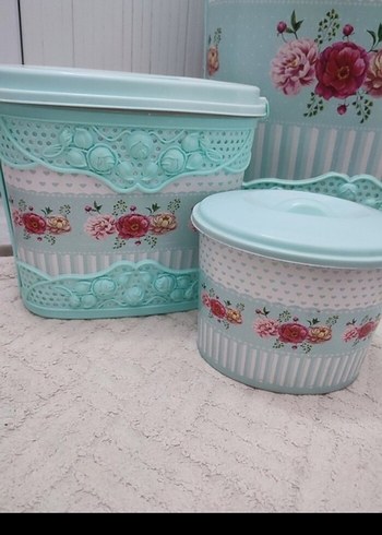 Pastel Mavi Vintage Çiçek Desenli Mutfak Seti - Görsel 4