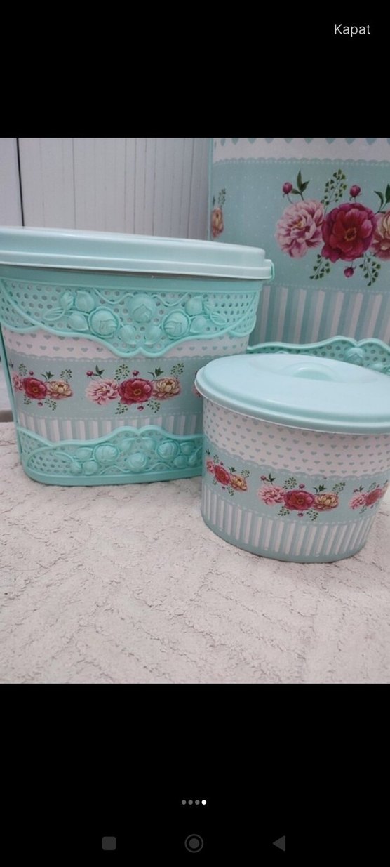 Pastel Mavi Vintage Çiçek Desenli Mutfak Seti - Görsel 4