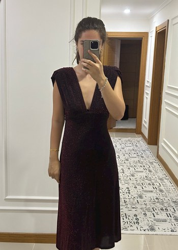 Zara Bordo V Yakalı Drapeli vatkalı Midi şık Elbise