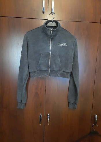 Gri Fermuarlı Kısa Kadın Sweatshirt