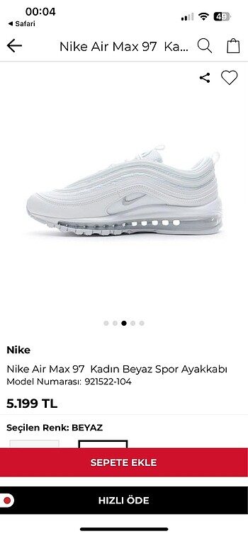 37,5 Beden beyaz Renk Airmax 97 Nike ayakkabı
