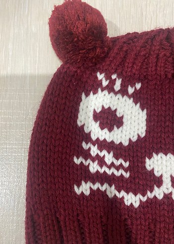2-3 Yaş, 20 cm Beden Bordo Nakışlı Örgü Çocuk Bere
