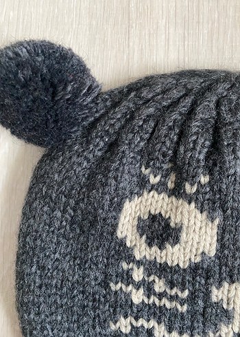 2-3 Yaş, 20 cm Beden Gri Örgü Çocuk Bere Sevimli Kedi Desenli