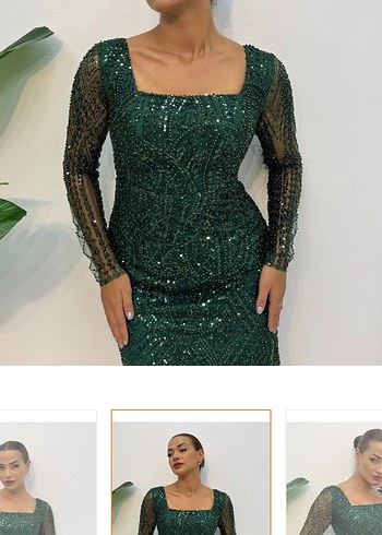 İşlemeli Uzun Kollu Yeşil Abiye Elbise - Görsel 2