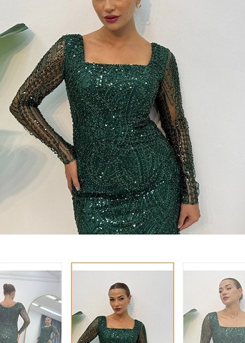 İşlemeli Uzun Kollu Yeşil Abiye Elbise - Görsel 3