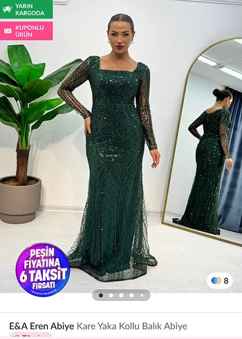 İşlemeli Uzun Kollu Yeşil Abiye Elbise - Görsel 6