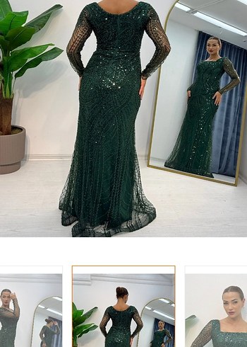 İşlemeli Uzun Kollu Yeşil Abiye Elbise - Görsel 4