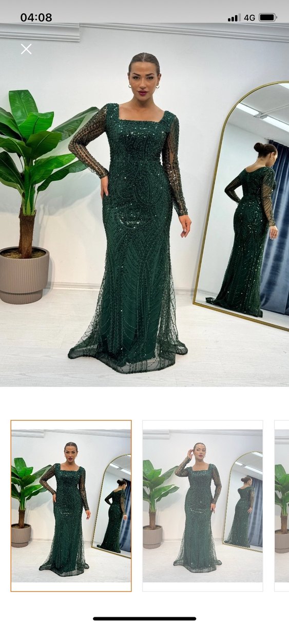 İşlemeli Uzun Kollu Yeşil Abiye Elbise - Görsel 5