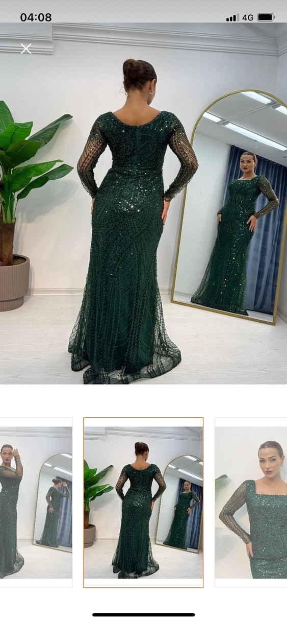 İşlemeli Uzun Kollu Yeşil Abiye Elbise - Görsel 4