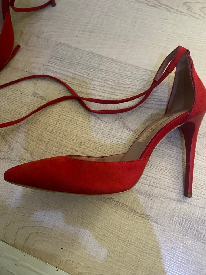 Kırmızı Süet Dantel Bağcıklı Stiletto - Görsel 3