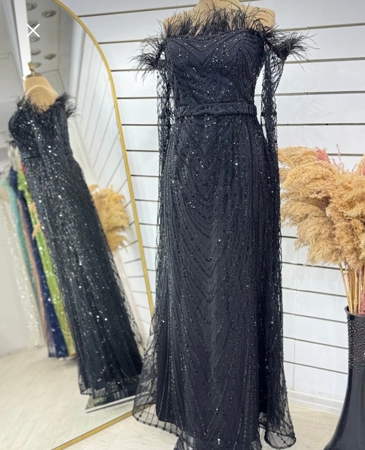 Boncuk İşlemeli Siyah Uzun Abiye Elbise - Görsel 4