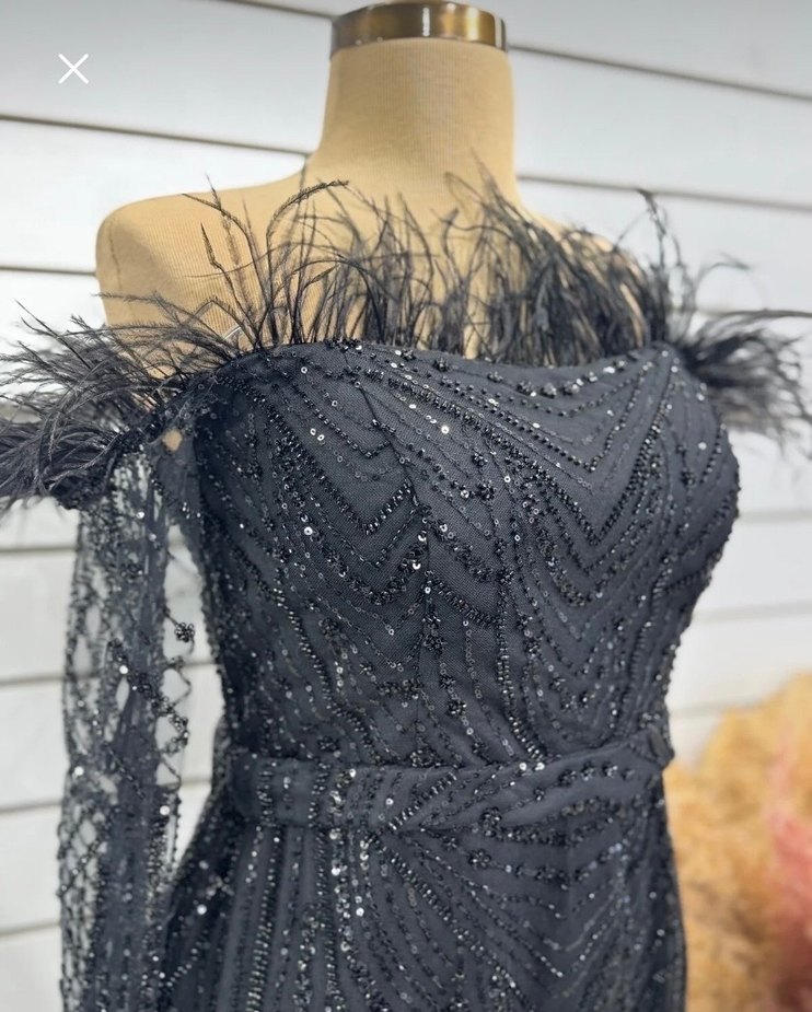 Boncuk İşlemeli Siyah Uzun Abiye Elbise - Görsel 3