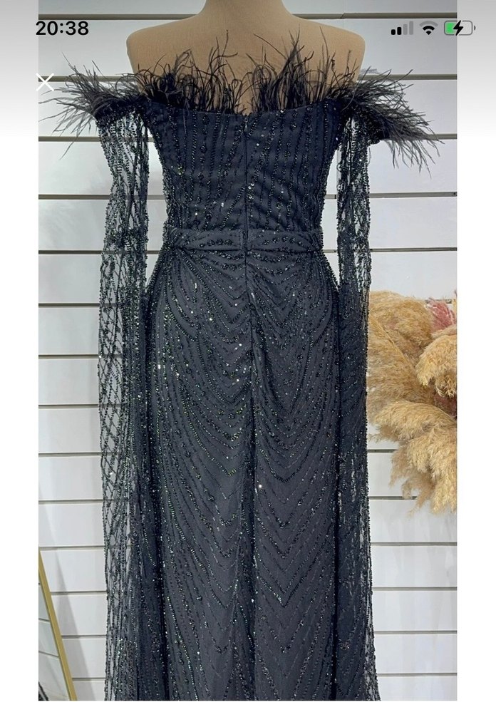 Boncuk İşlemeli Siyah Uzun Abiye Elbise - Görsel 2