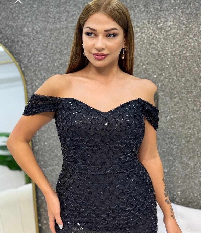 Siyah Dantel Detaylı Uzun Abiye Elbise - Görsel 5