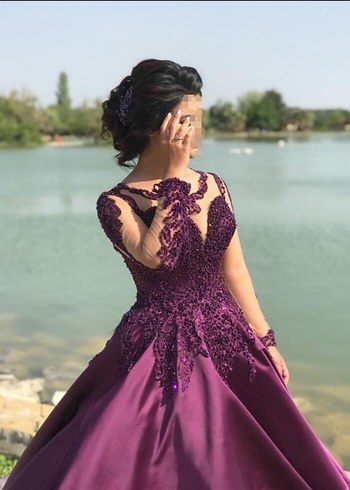 Parlak Mor Uzun Kollu V Yaka Nişan Elbisesi - Görsel 4