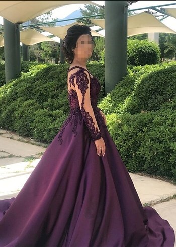 Parlak Mor Uzun Kollu V Yaka Nişan Elbisesi - Görsel 5