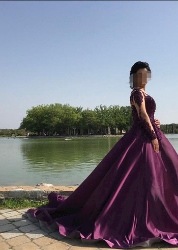 Parlak Mor Uzun Kollu V Yaka Nişan Elbisesi - Görsel 2