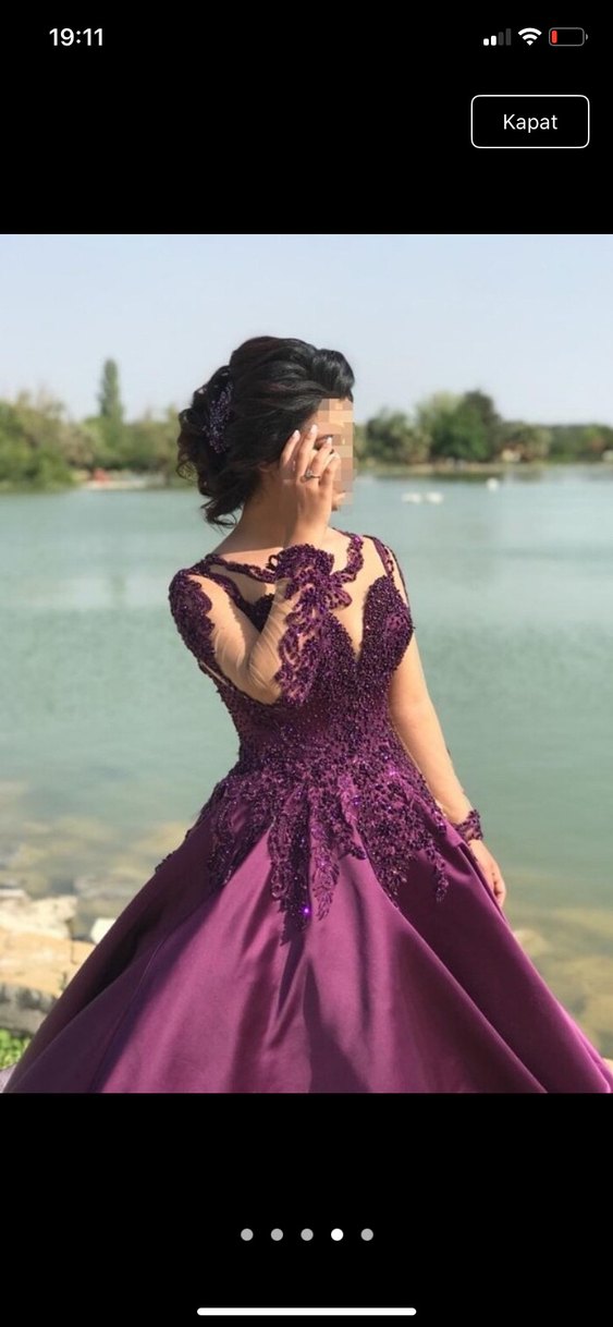 Parlak Mor Uzun Kollu V Yaka Nişan Elbisesi - Görsel 4