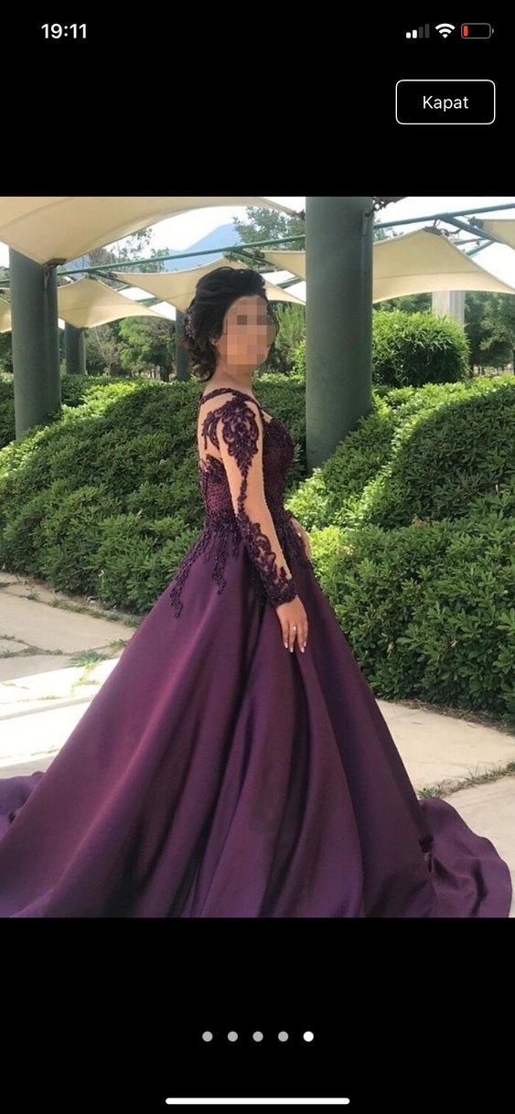 Parlak Mor Uzun Kollu V Yaka Nişan Elbisesi - Görsel 5