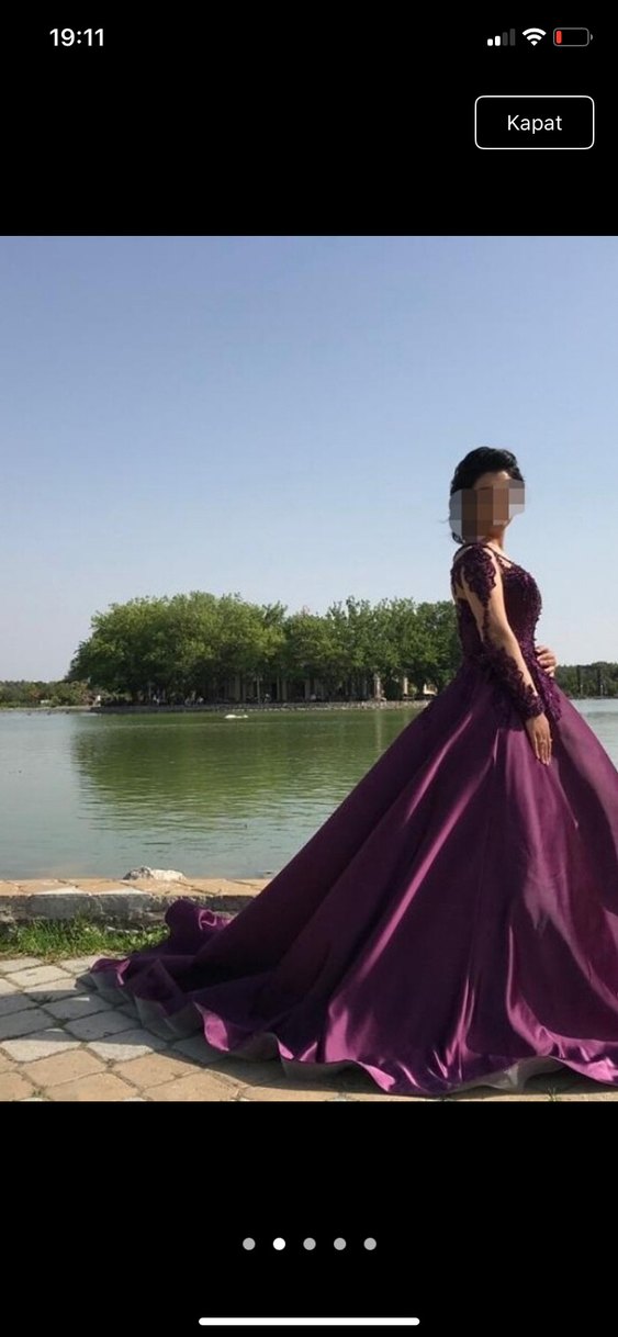 Parlak Mor Uzun Kollu V Yaka Nişan Elbisesi - Görsel 2