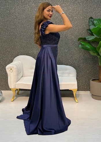 Navy Drapeli Straplez Uzun Abiye Elbise - Görsel 3