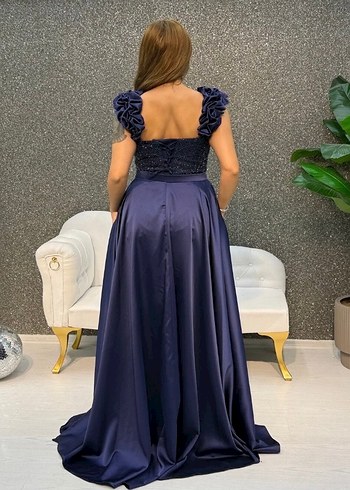 Navy Drapeli Straplez Uzun Abiye Elbise - Görsel 4