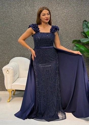 Navy Drapeli Straplez Uzun Abiye Elbise - Görsel 2