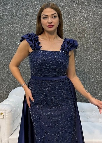 Navy Drapeli Straplez Uzun Abiye Elbise - Görsel 5