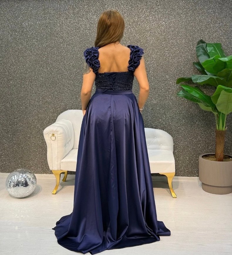 Navy Drapeli Straplez Uzun Abiye Elbise - Görsel 4