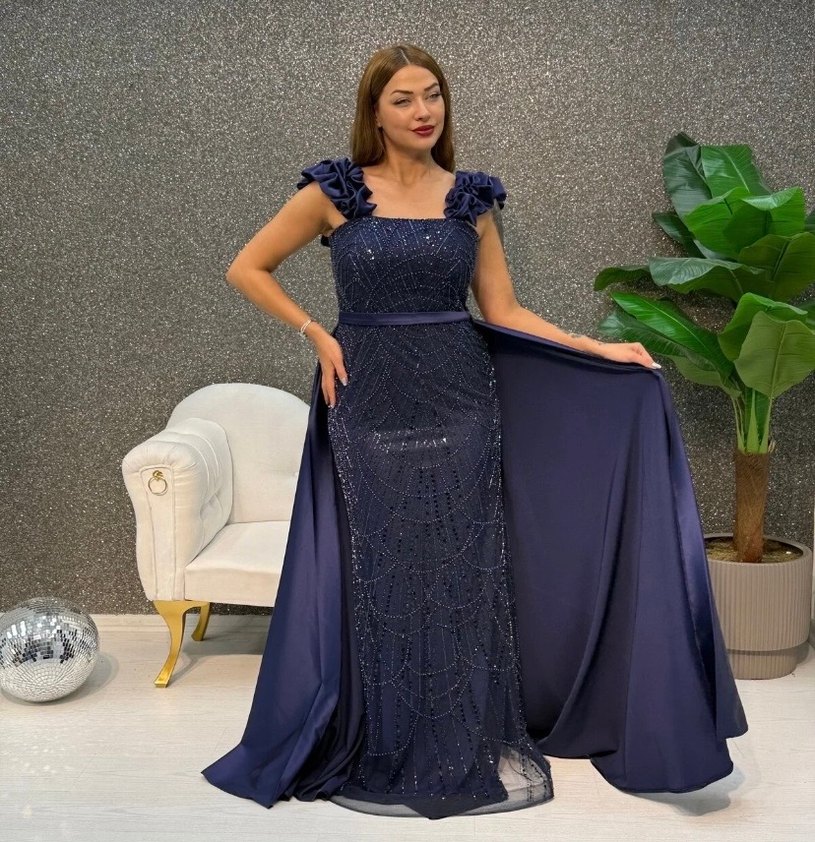 Navy Drapeli Straplez Uzun Abiye Elbise - Görsel 2