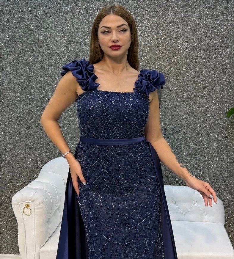 Navy Drapeli Straplez Uzun Abiye Elbise - Görsel 5