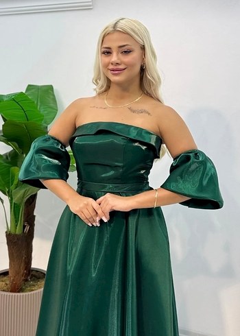 Yeşil Parlak Straplez Uzun Abiye Elbise - Görsel 4