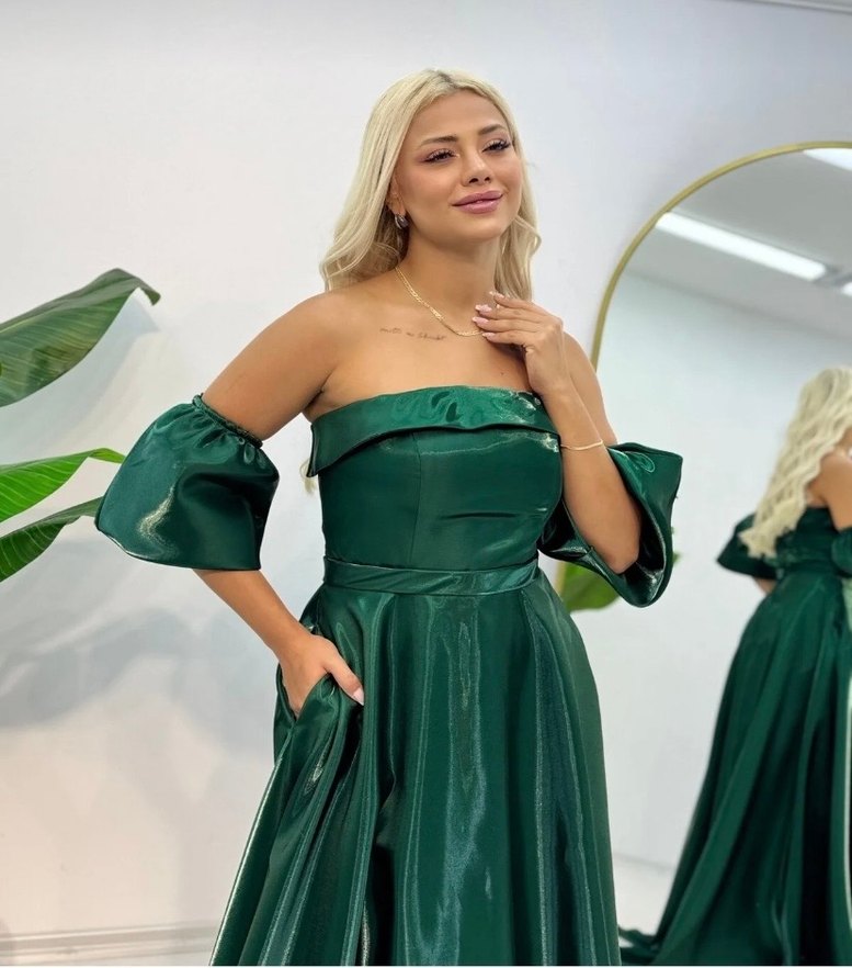 Yeşil Parlak Straplez Uzun Abiye Elbise - Görsel 3