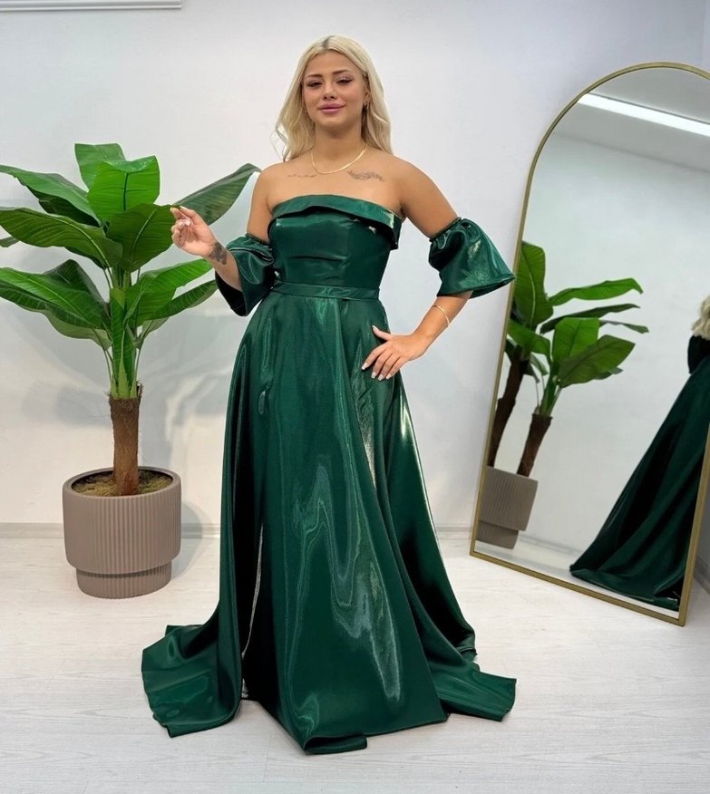 Yeşil Parlak Straplez Uzun Abiye Elbise - Görsel 2
