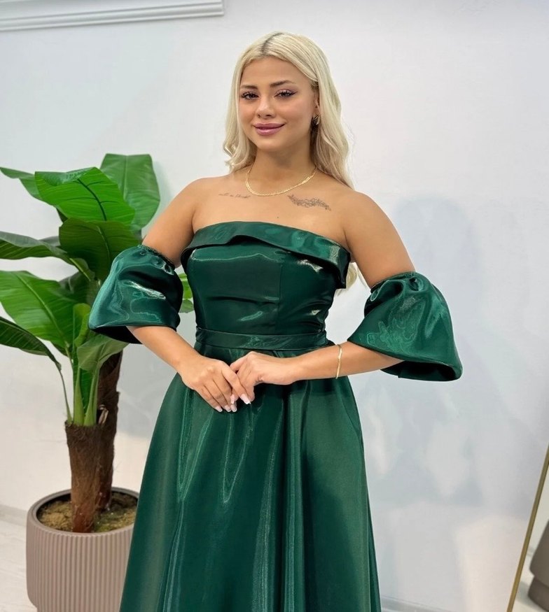 Yeşil Parlak Straplez Uzun Abiye Elbise - Görsel 4