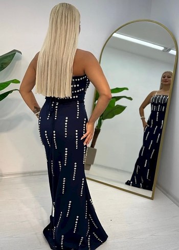 İnci Detaylı Lacivert Uzun Abiye Elbise - Görsel 4