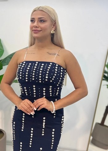 İnci Detaylı Lacivert Uzun Abiye Elbise - Görsel 2