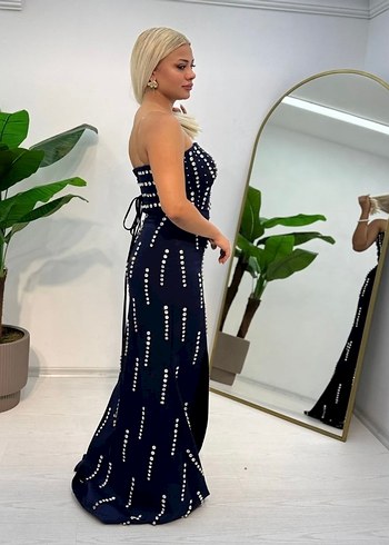 İnci Detaylı Lacivert Uzun Abiye Elbise - Görsel 3