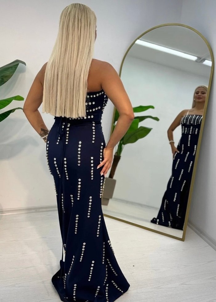 İnci Detaylı Lacivert Uzun Abiye Elbise - Görsel 4