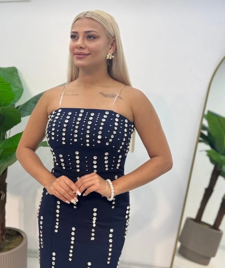 İnci Detaylı Lacivert Uzun Abiye Elbise - Görsel 2