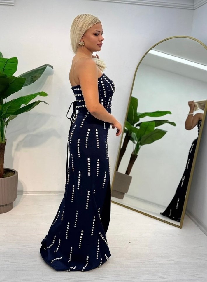 İnci Detaylı Lacivert Uzun Abiye Elbise - Görsel 3