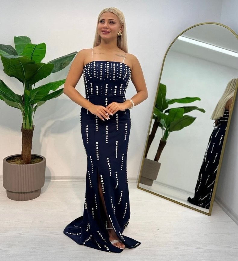 İnci Detaylı Lacivert Uzun Abiye Elbise - Görsel 5