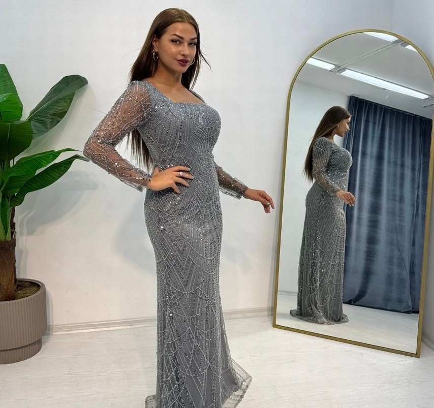 Boncuk İşlemeli Uzun Gri Kadın Abiye Elbise - Görsel 4